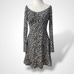 Derek Heart Floral Mini Dress Women Size L Black White Babydoll Off Shoulder